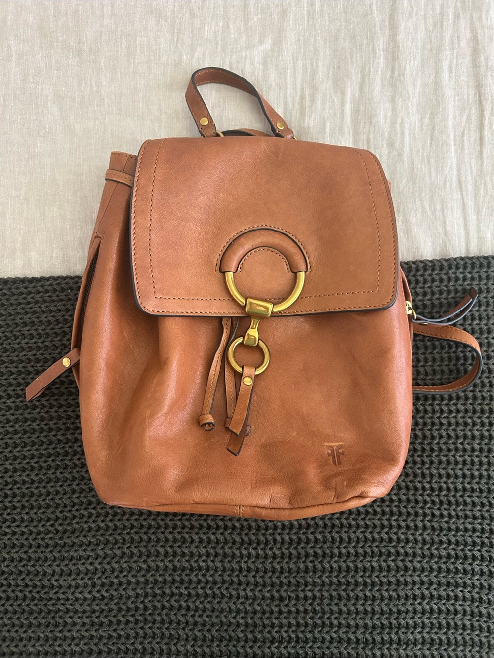 Frye Cognac Leather Backpack with Gold Hardware
